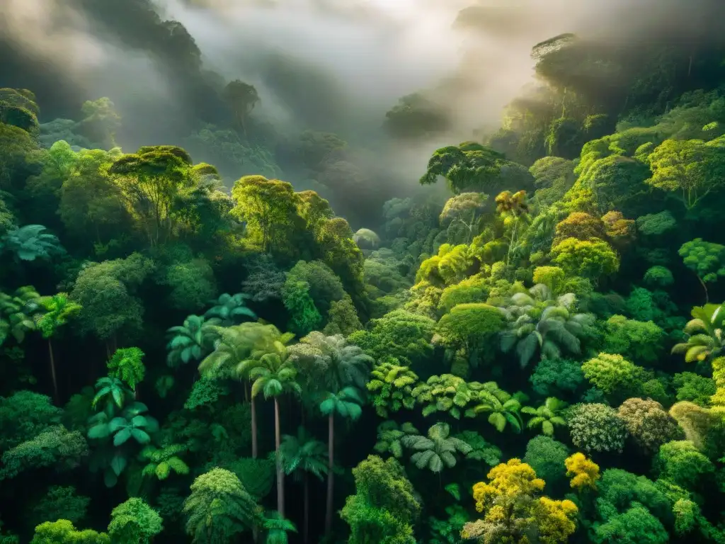 Un majestuoso dosel de selva tropical con luz solar filtrándose entre la densa vegetación