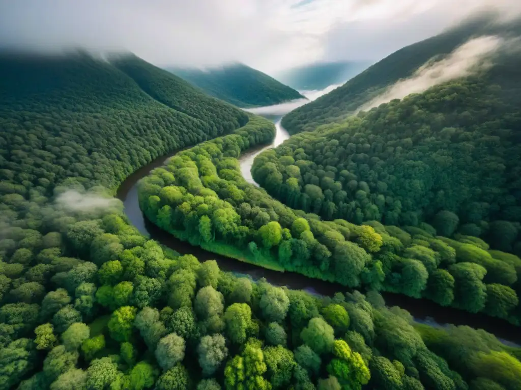 Majestuoso mapeo aéreo de una exuberante selva con río, resaltando la belleza natural y la conservación ambiental