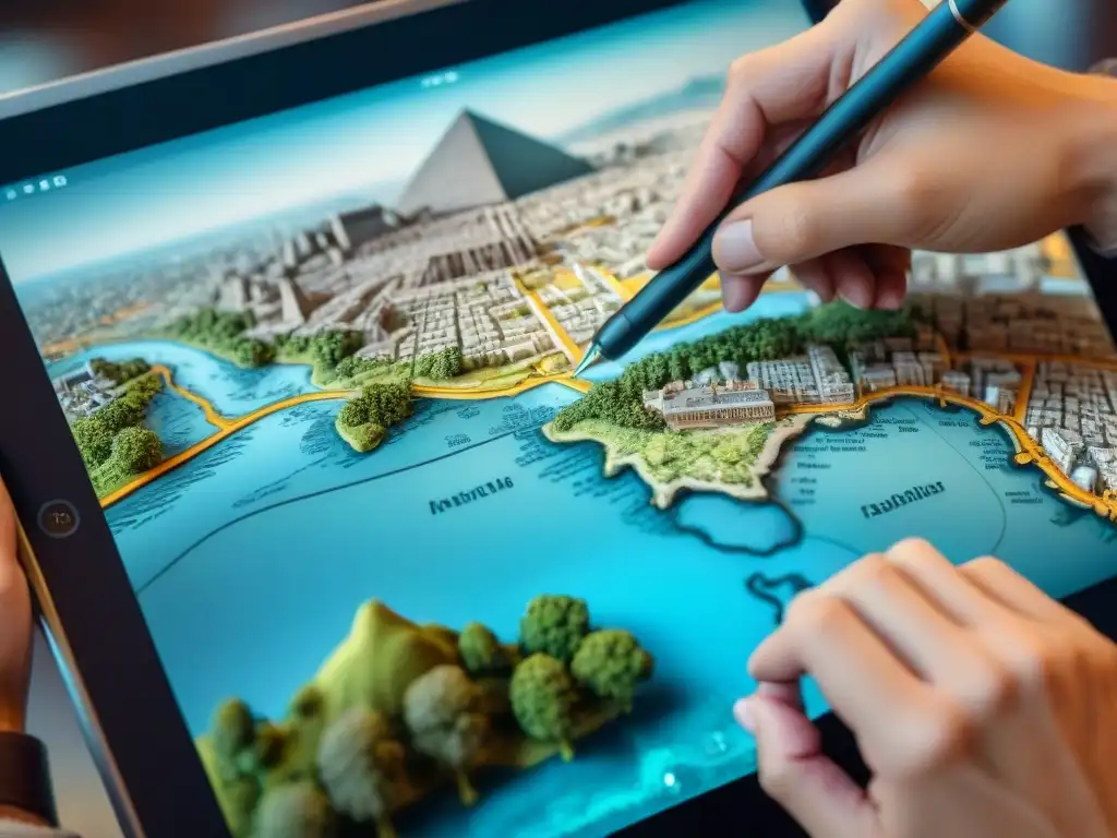 Mano traza mapa digital detallado en tablet, con herramientas cartografía dispersas, simbolizando evolución técnicas cartografía mapas digitales