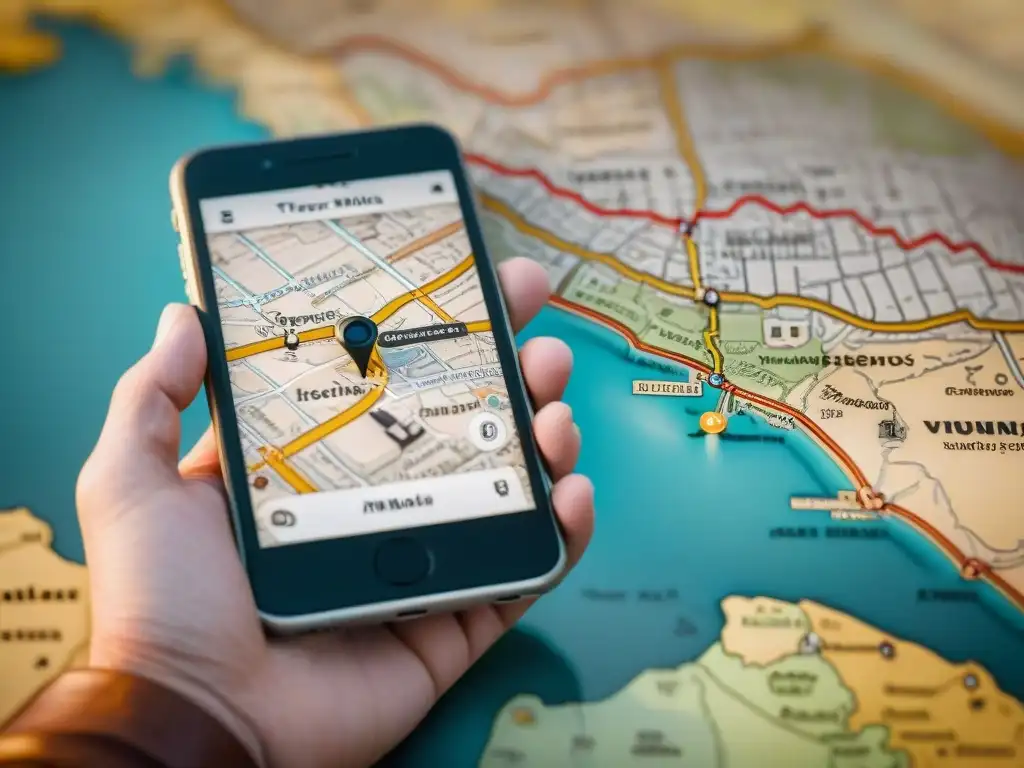 Mapa vintage vs GPS: evolución cartográfica en un instante Mano sostiene mapa vintage y smartphone muestra mapa GPS en tiempo real, evolución cartografía digital mapas tiempo real