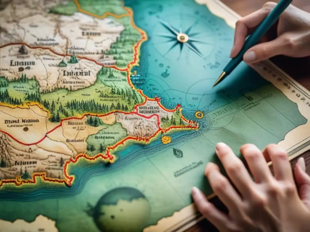 Mano dibujando mapas en logística inversa sostenible en pergamino antiguo con brújula y regla