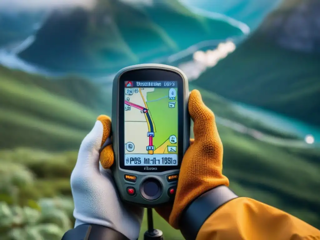 Mano profesional sostiene GPS con mapa detallado en terreno montañoso