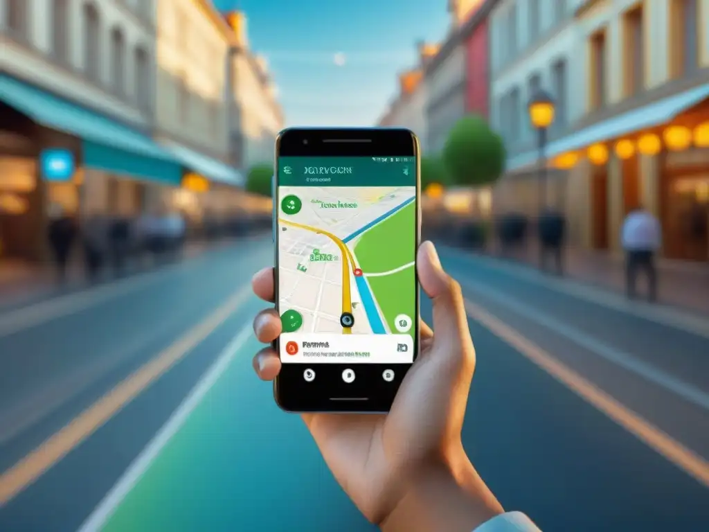 Mano sostiene smartphone con app de mapeo, destacando landmarks y rutas