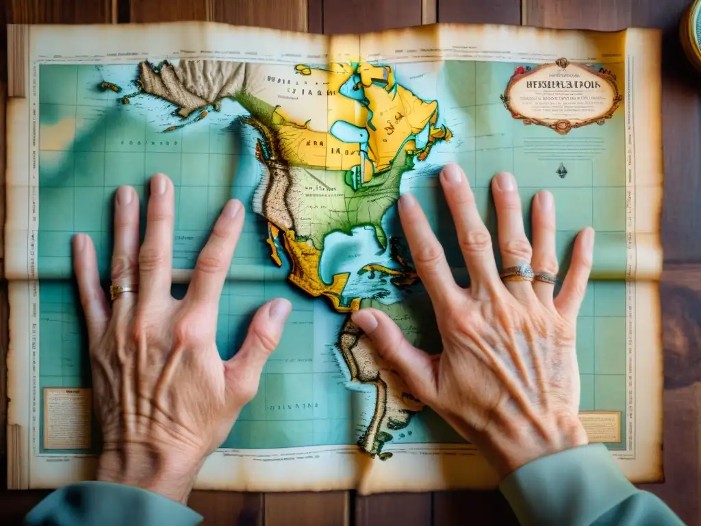 Manos blancas con guantes sostienen con cuidado un mapa antiguo en una mesa de madera