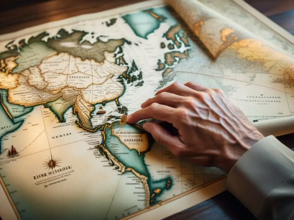 Manos sabias trazan mapas antiguos con detalle Las manos del cartógrafo trazan con maestría un antiguo mapa en pergamino, destacando la evolución de técnicas cartográficas e influencia geopolítica