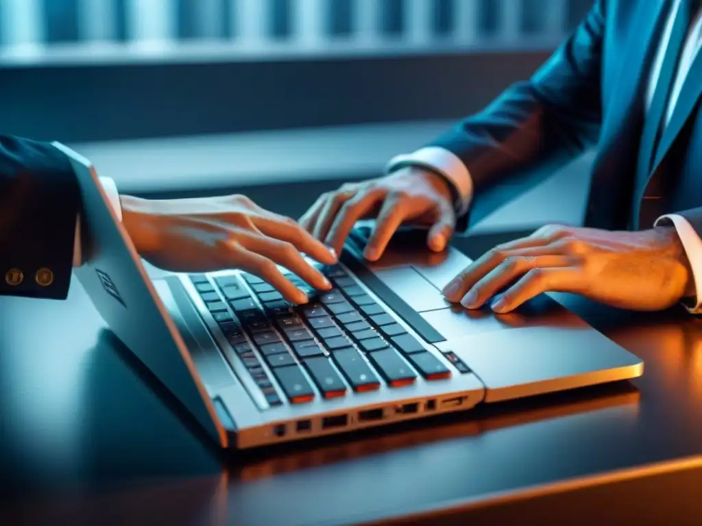 Manos profesionales tecleando en laptop con seguridad datos SIG en oficina sepia