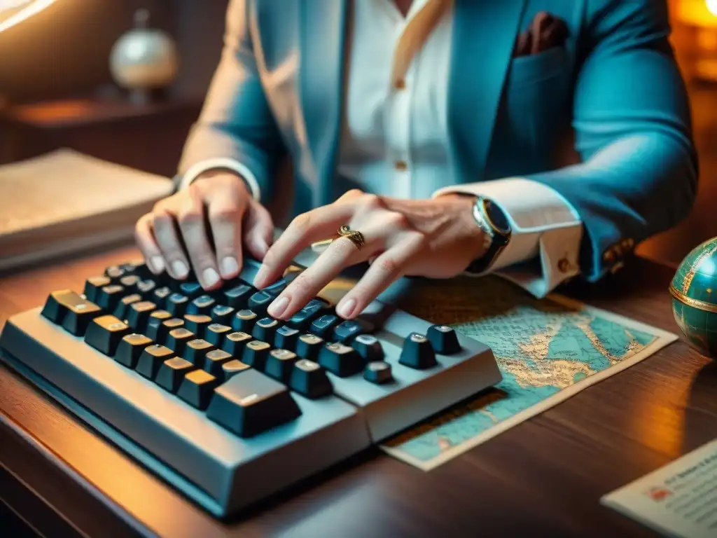 Manos escribiendo en teclado vintage rodeado de mapas antiguos y globos terráqueos, iluminado por luz cálida