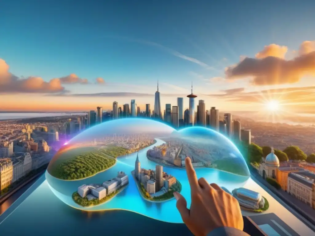 Un mapa 3D detallado de una ciudad con elementos de realidad aumentada y paisaje urbano, fusionando lo clásico con lo moderno al atardecer