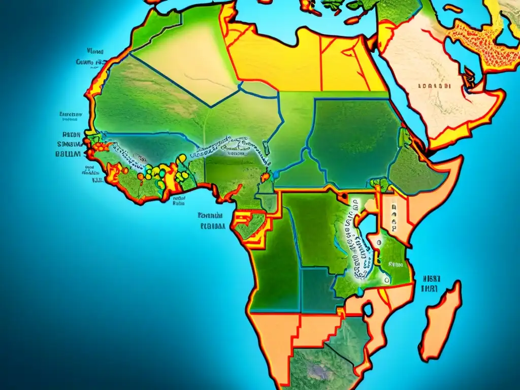 Mapa africano detallado en sepia, muestra paisajes, fauna y monumentos