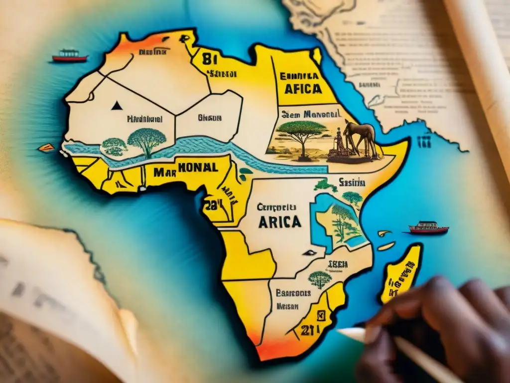 Mapa africano detallado en pergamino antiguo, mostrando técnicas tradicionales de cartografía