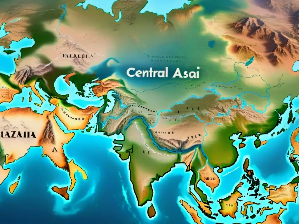 Mapa sepia antiguo de Asia Central con rutas comerciales, montañas y asentamientos