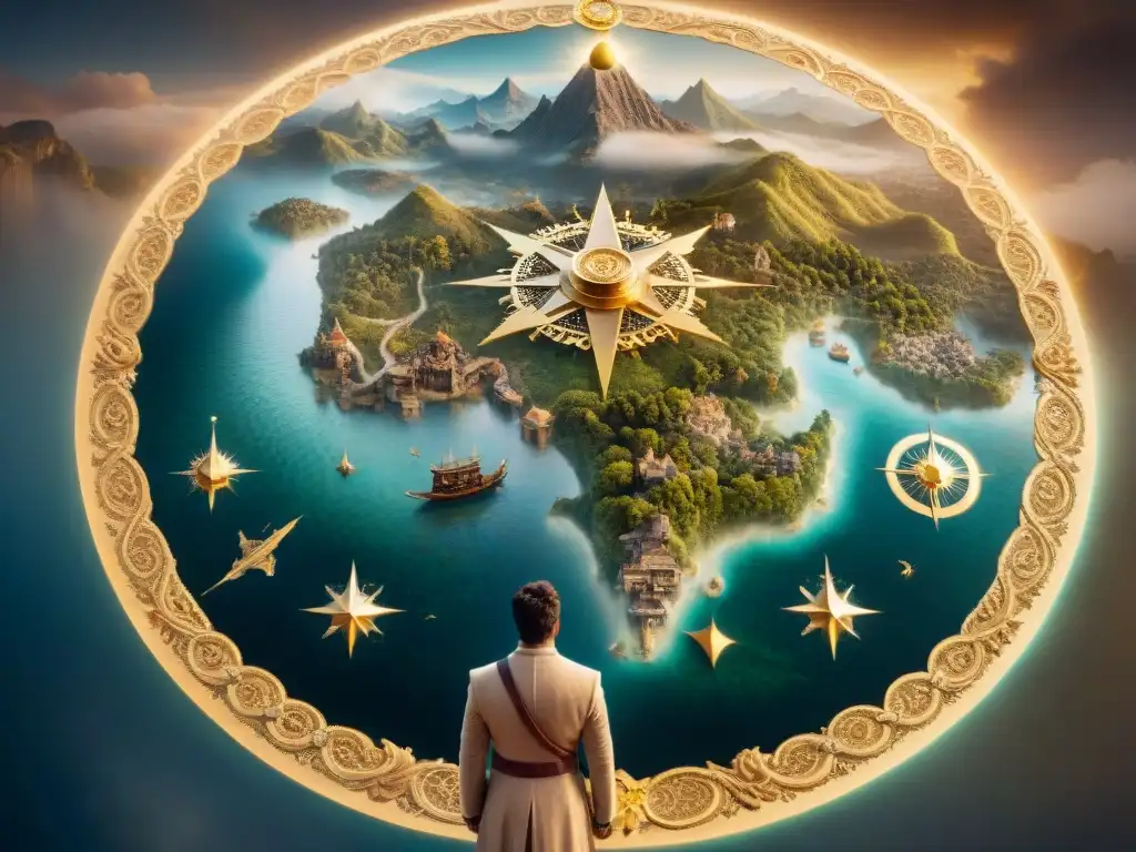 Mapa antiguo con representación divina de ciudades, ríos y montañas rodeadas de criaturas místicas en tonos sepia