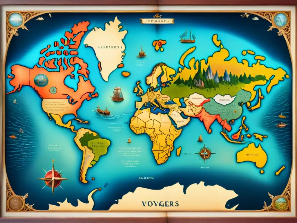 Mapa antiguo de Juan de la Cosa: detalle cartográfico y criaturas marinas Mapa antiguo de Juan de la Cosa detallando el descubrimiento de América, con criaturas marinas y rosas de los vientos