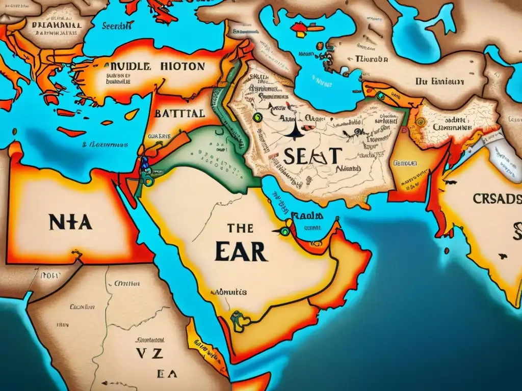 Mapa antiguo del Medio Oriente durante las Cruzadas, con detalles de ciudades, rutas comerciales y batallas