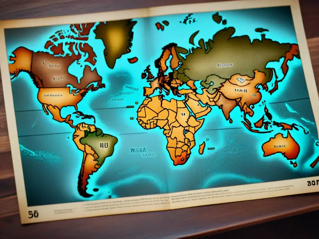 Un mapa antiguo y desgastado sobre una mesa de madera, con fronteras e inscripciones detalladas de territorios en disputa