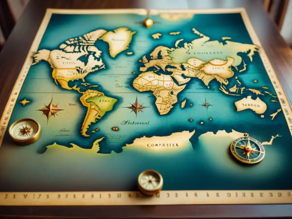 Mapa antiguo detallado en madera: monstruos marinos y rosas de los vientos Mapa antiguo desgastado en mesa de madera con detalles marinos