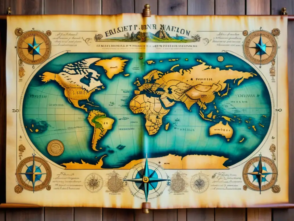 Mapa antiguo desplegado en mesa de madera, detallando tierras inexploradas y monstruos marinos, con inscripciones en latín