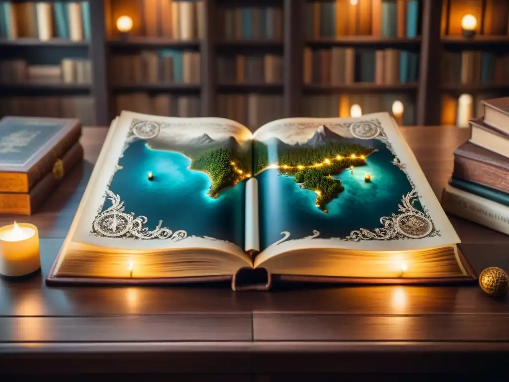 Mapa antiguo desplegado en mesa de madera en biblioteca iluminada por velas, evocando misterio y descubrimiento