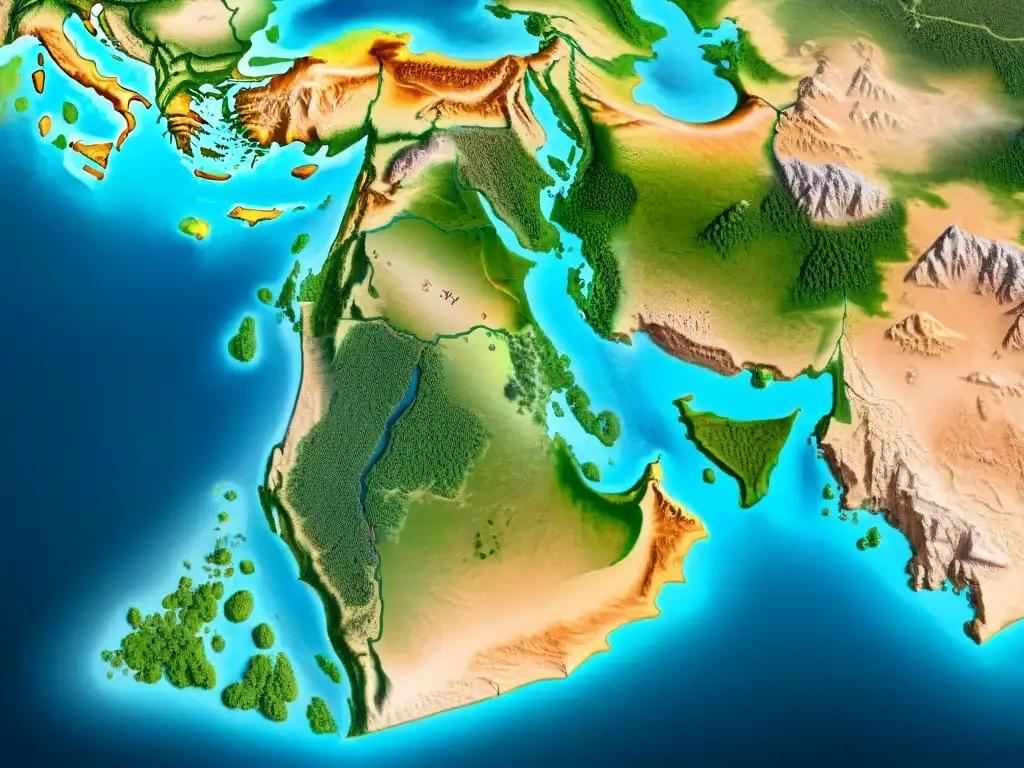 Mapa antiguo detallado del Medio Oriente con ciudades y paisajes, evocando misterio y significado histórico