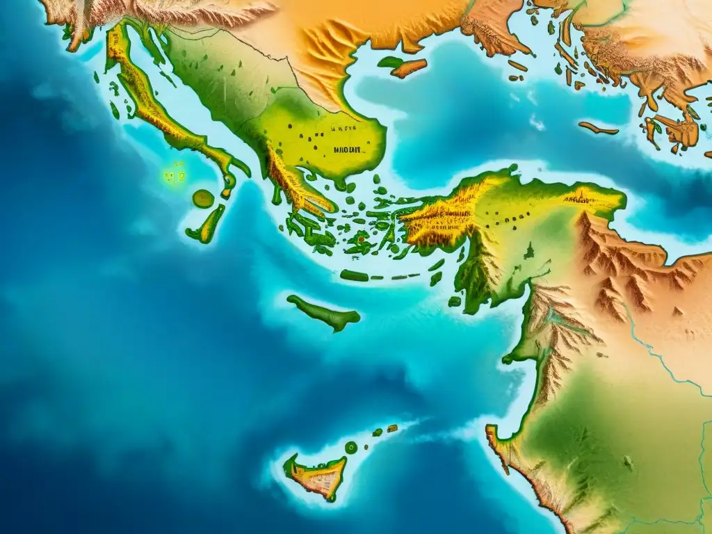 Un mapa antiguo detallado en sepia de civilizaciones antiguas con fronteras intricadas, rutas, barcos y caravanas