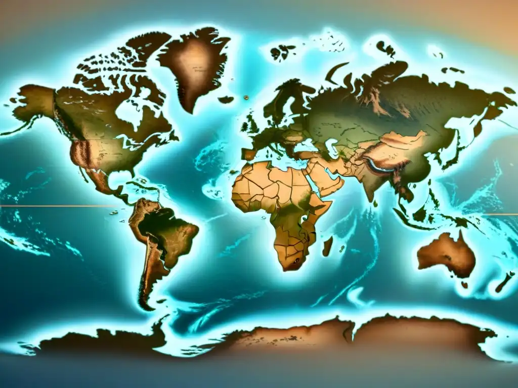 Mapa antiguo detallado en sepia, destacando continentes y océanos con marcas cartográficas antiguas