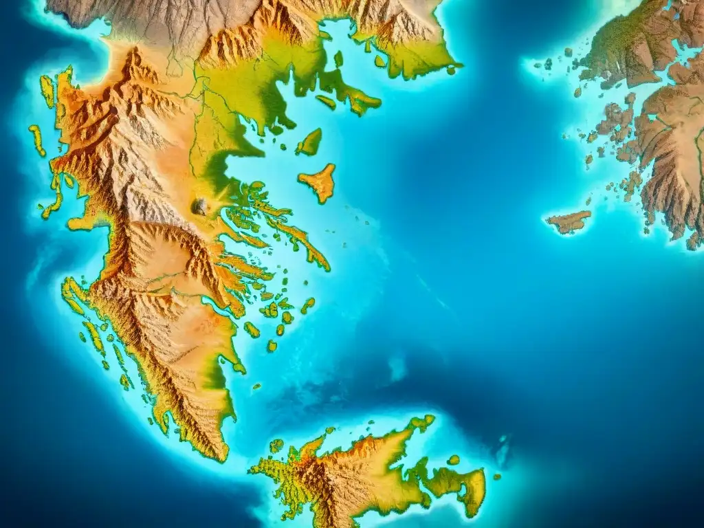 Mapa antiguo detallado de Grecia en sepia, con costa, montañas y ciudades, un aspecto envejecido que evoca la antigüedad