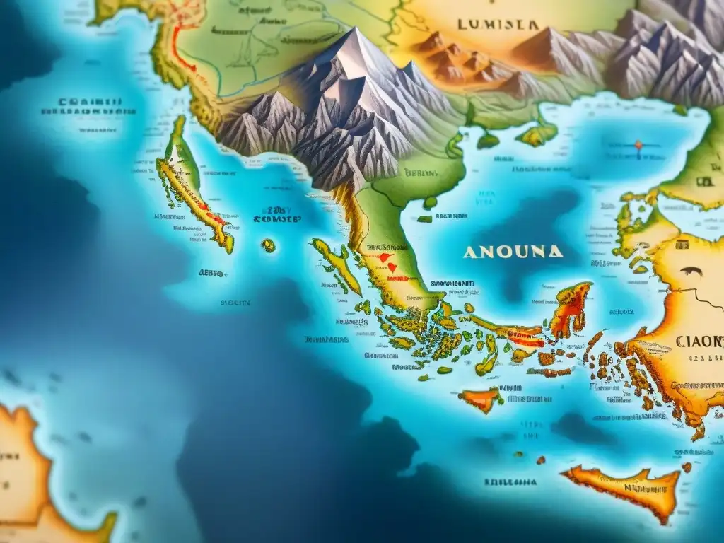 Mapa antiguo detallado en sepia con criaturas míticas y valor educativo