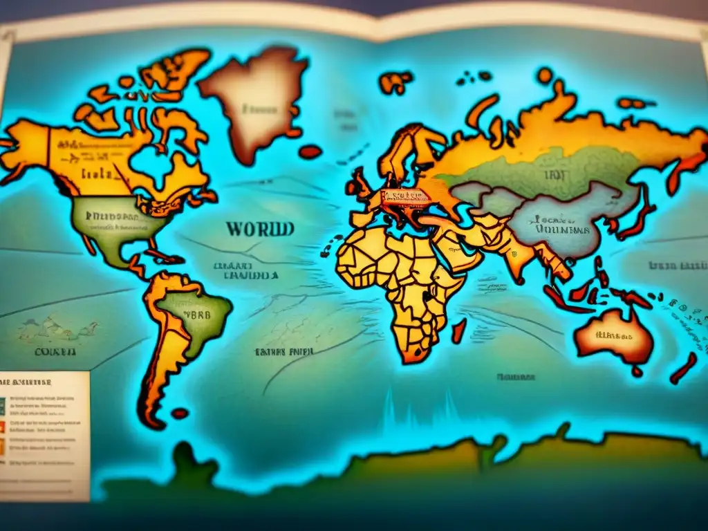 Un mapa antiguo detallado en sepia con criaturas míticas, monstruos marinos y tierras exóticas