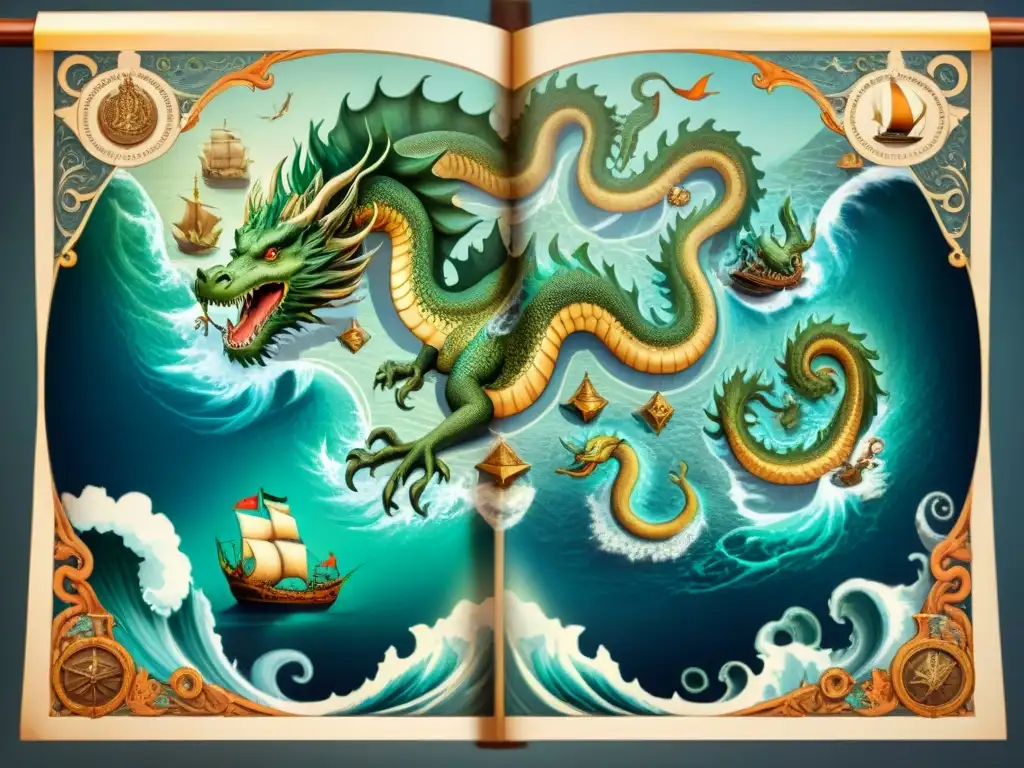 Mapa antiguo con monstruos marinos y criaturas míticas Un mapa antiguo detallado con criaturas marinas y dragones, rodeado de seres míticos y olas imponentes