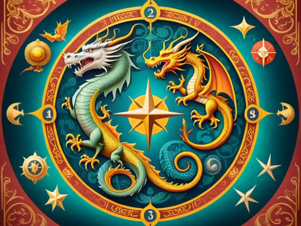 Mapa medieval detallado con monstruos marinos y dragones majestuosos Mapa antiguo detallado con criaturas místicas y dragones, rodeado de elementos ornamentales