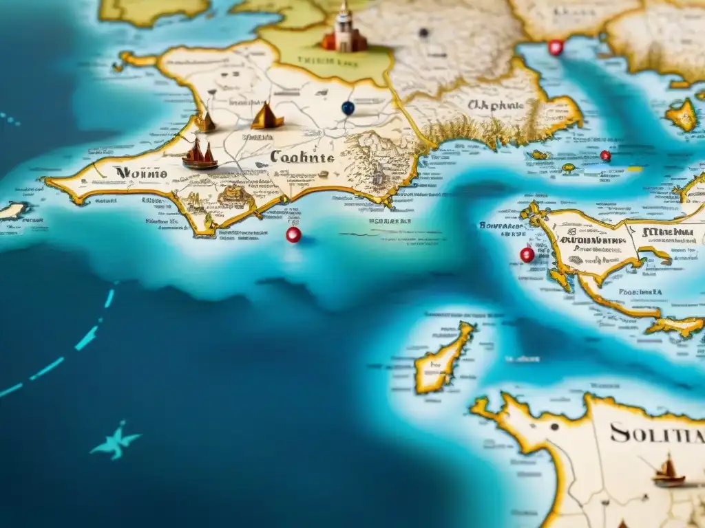 Mapa antiguo detallado en sepia con criaturas míticas, exploradores y rosas de los vientos, evocando la evolución de la cartografía