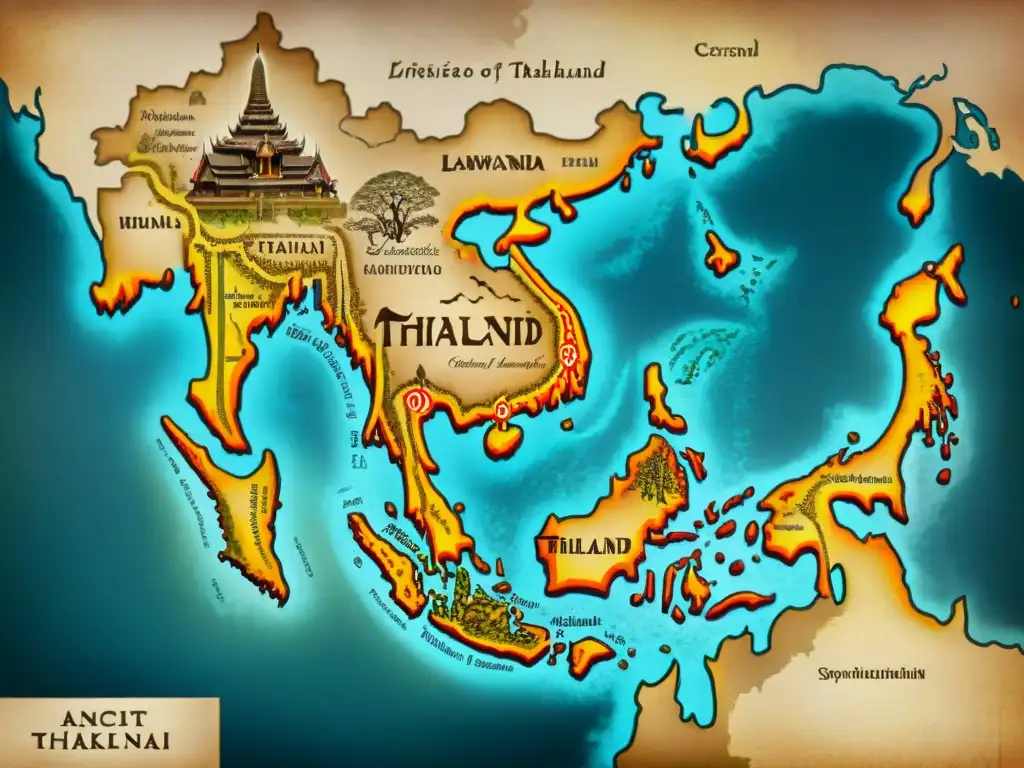 Mapa antiguo detallado de Tailandia con criaturas míticas y diseños ornamentales, evocando historia cartografía Tailandia siglos