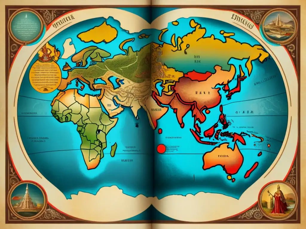 Mapa antiguo detallado en sepia con representación divina de dioses y diosas sobre distintas regiones