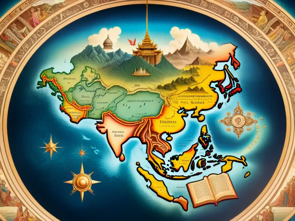 Mapa antiguo detallado con representación divina, deidades y criaturas míticas, en tonos sepia