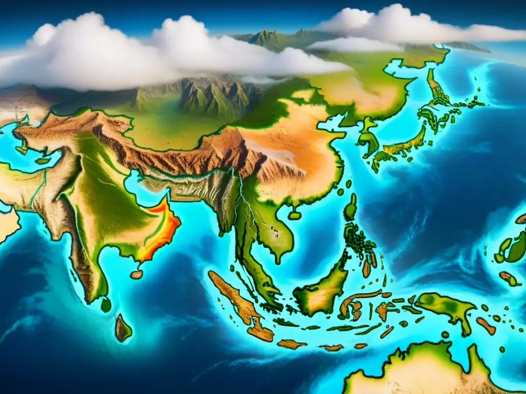 Mapa antiguo detallado de Asia en sepia con elementos cartográficos ptolemaicos y criaturas marinas, evocando la evolución de la cartografía