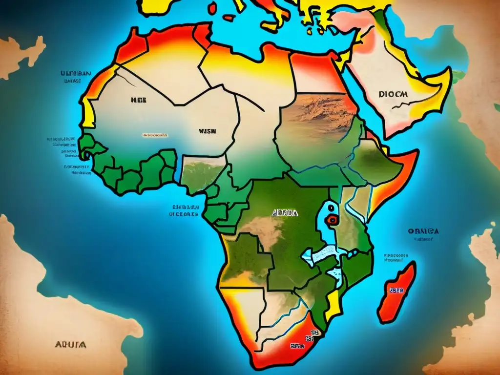 Mapa antiguo de África detallado en sepia, con elementos geográficos, rutas comerciales y toques míticos