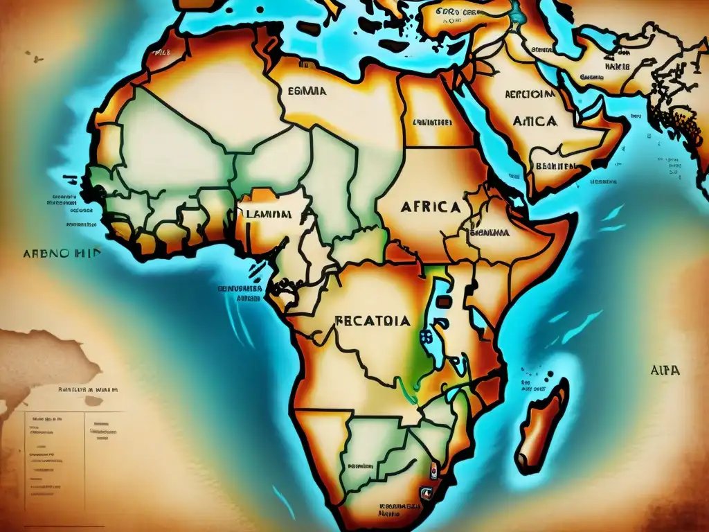 Mapa antiguo de África en sepia, detallado y envejecido, evocando la evolución cartográfica con marcas históricas