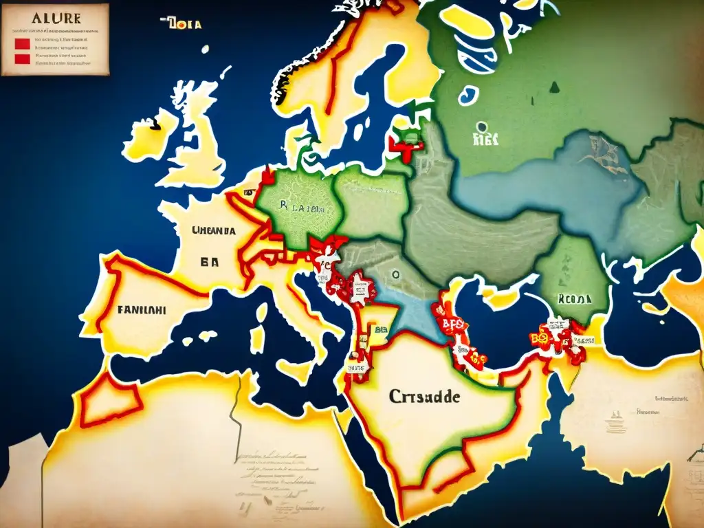 Mapa antiguo detallado del Medio Oriente de la era de las Cruzadas, mostrando rutas comerciales, ciudades fortificadas y lugares estratégicos