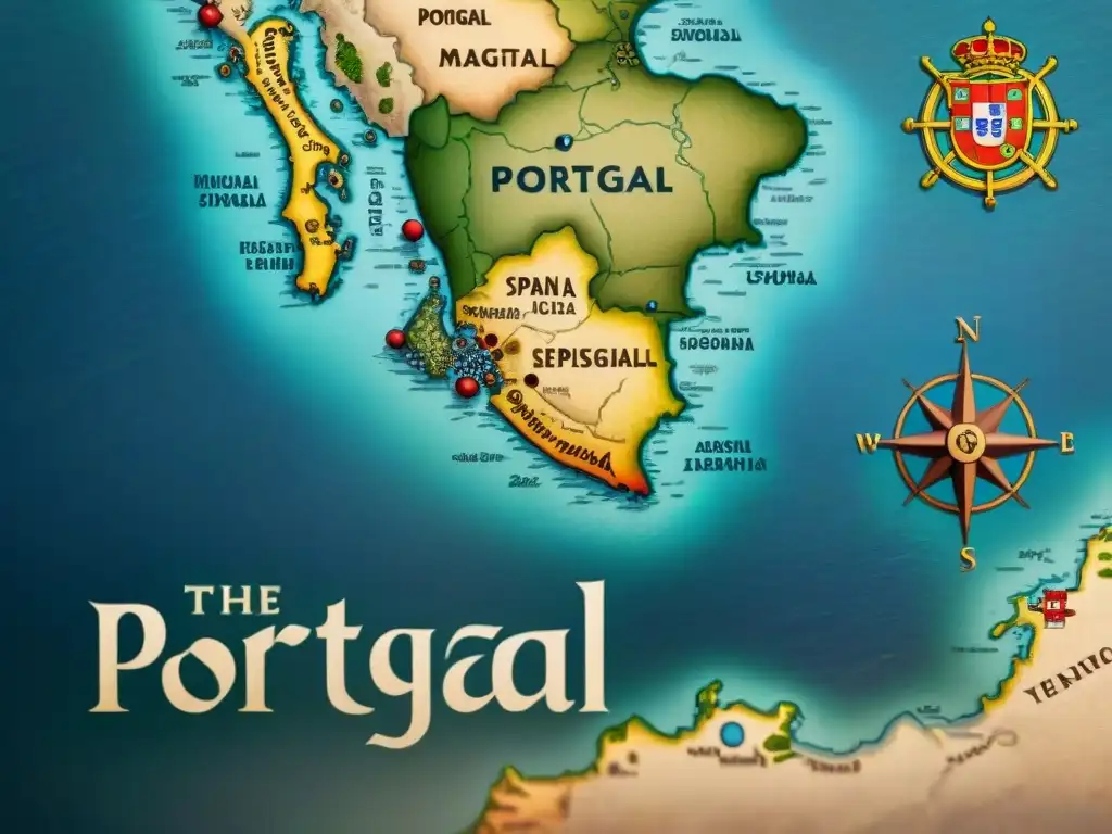 Mapa antiguo detallado de la Era de la Exploración, con Portugal y España destacados, rutas marítimas y rosas de los vientos