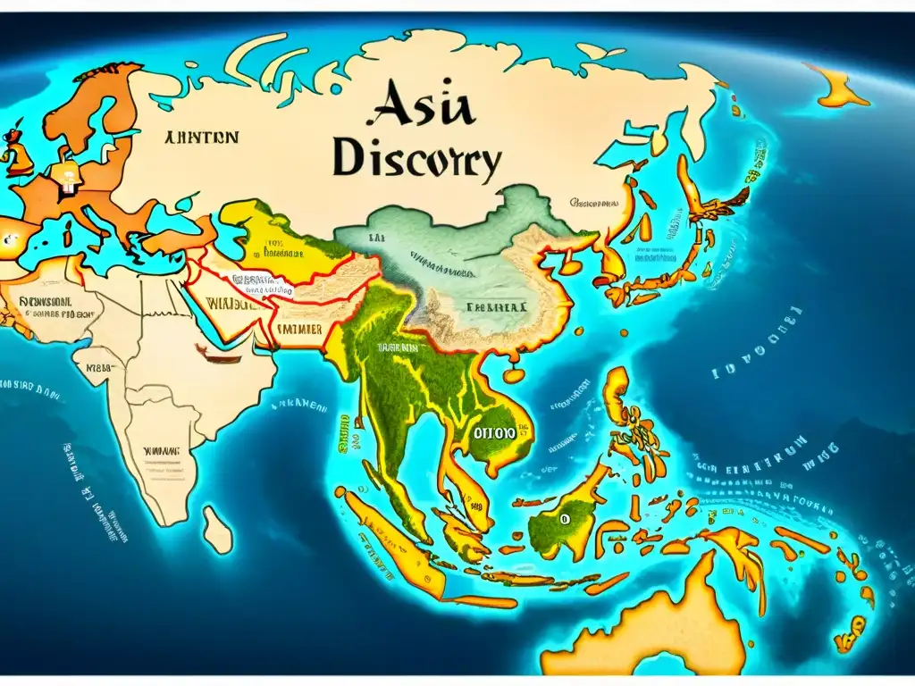 Mapa antiguo detallado de Asia en la Era de los Descubrimientos, con criaturas marinas y tierras exóticas