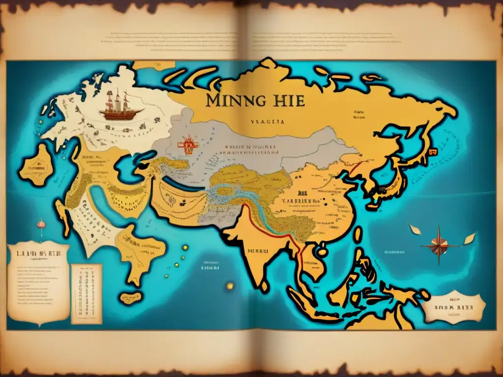 Un mapa antiguo detallado de las expediciones de Zheng He, con tonos sepia que evocan misterio y aventura