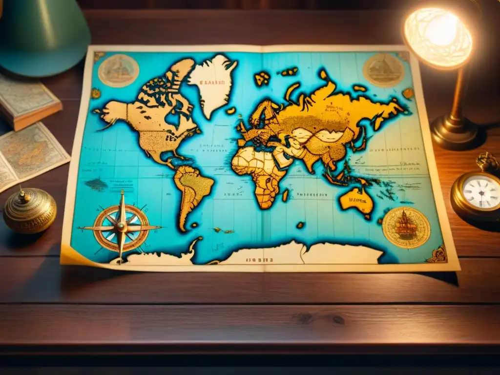 Un mapa antiguo y detallado iluminado por una lámpara, con ilustraciones de criaturas míticas y rosas de los vientos