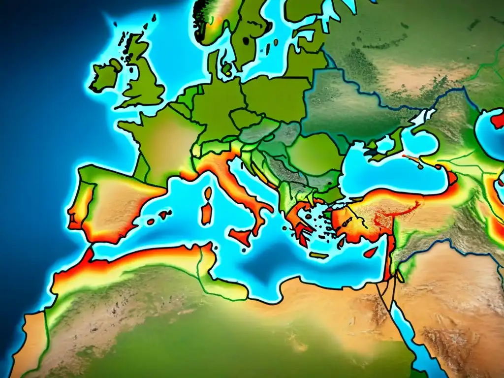 Mapa antiguo detallado del Imperio Romano en sepia, con fronteras, ciudades y rasgos geográficos