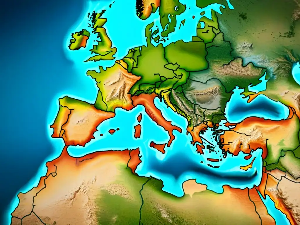 Mapa antiguo detallado del Imperio Romano en sepia, con fronteras, ciudades y elementos geográficos