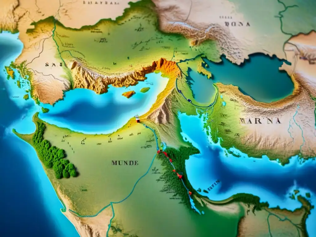 Mapa antiguo detallado del Imperio Persa en sepia, con rutas comerciales y ciudades clave