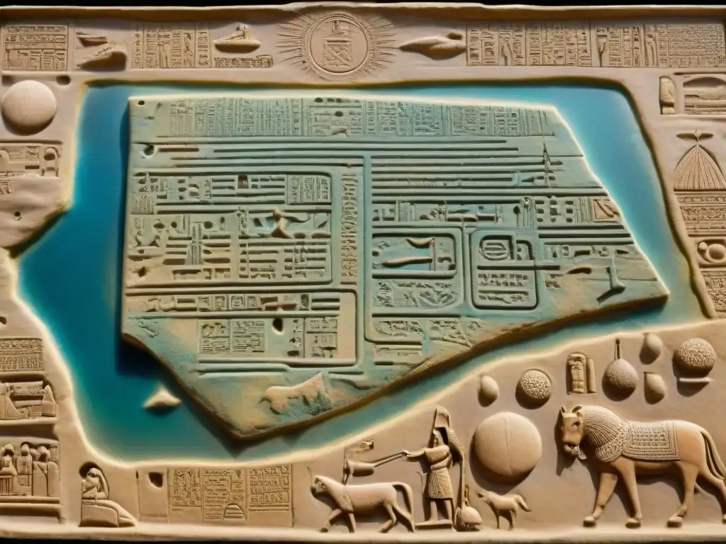 Mapa antiguo de Mesopotamia detallado con inscripciones cuneiformes y símbolos de dioses, evocando historia y misticismo