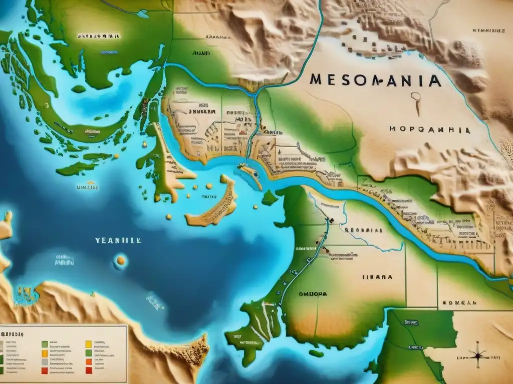 Mapa antiguo de Mesopotamia detallado en sepia con inscripciones cuneiformes y patrones geométricos, evocando la historia de la región