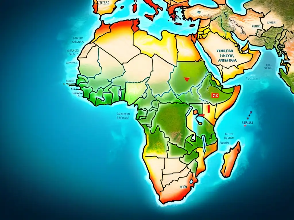 Mapa antiguo de África detallado en sepia, con inscripciones antiguas y elementos decorativos, evocando misterio y exploración