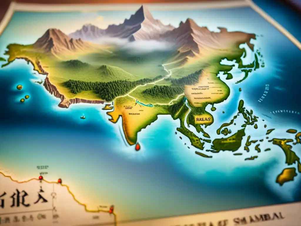 Un mapa antiguo detallado de la legendaria tierra de Shambhala, con símbolos místicos y desgaste