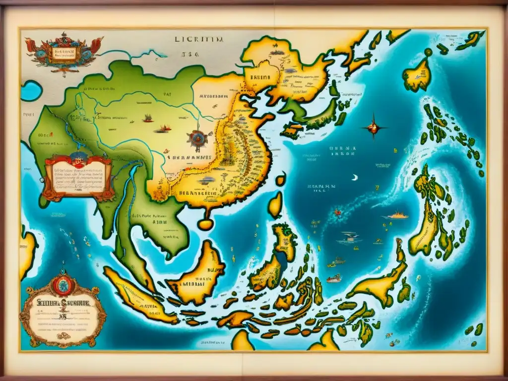 Mapa antiguo detallado en sepia de la evolución cartográfica en el Mar de China Meridional, con rosas de los vientos, monstruos marinos y barcos